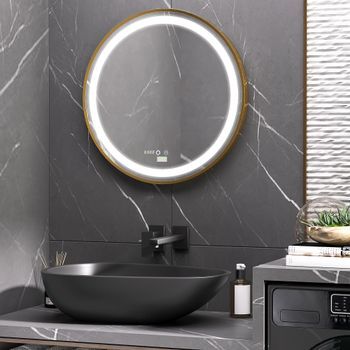 Espejo De Baño De Vidrio Aleación De Aluminio Kleankin Ø60x4cm-dorado