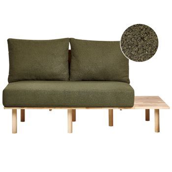 Sofá 2 Plazas Estilo Japandi Estructura Madera Clara Respaldo Con Mesa Plegable Tapizado De Bouclé Verde Oscuro Salo