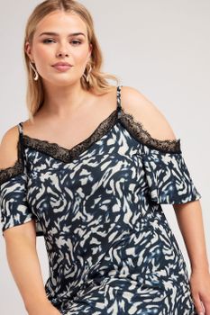 Yours London Top Lencero Hombros Descubiertos Negro De Estampado Animal, Mujer Curvy Y Tallas Grandes, Yours London