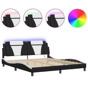 Estructura Cama Con Luces Led Cuero Pe Negro Blanco 180x200 Cm