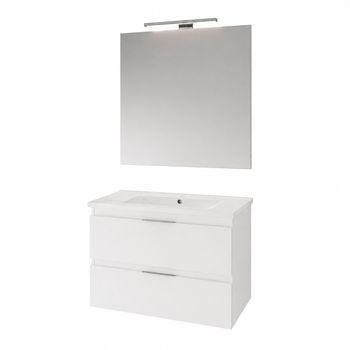 Kibath Mueble de baño con Lavabo, Espejo y Aplique LED URBAN 80x45 cm acabado BLANCO brillo 2 cajones y 2 puertas