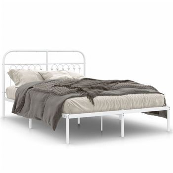 Cama Doble | Cama Para Adultos | Estructura De Cama Con Cabecero Metal Blanca 140x200 Cm