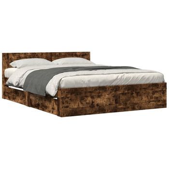 Cama Con Cabecero Madera De Ingeniería Roble Ahumado 160x200 Cm