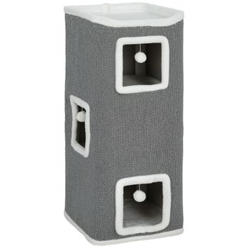 PawHut Barril Rascador para Gatos de 4 Niveles Ø41x100 cm Torre para Gatos con 3 Cuevas Cama Superior Bolas Colgantes Gris