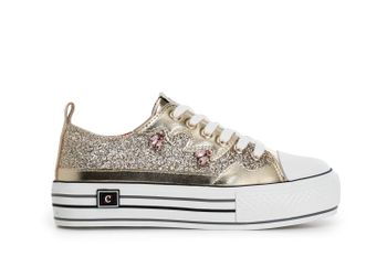 zapatillas deportivas con glitter y pedrería light gold