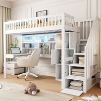 cama alta 90x200 cm con escritorio compartimentos de almacenaje y estantes - leds - pino  mdf - blanco sin colchon