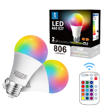 Aigostar Bombillas Colores RGBW, 8W equivalente a 60W. Bombilla LED E27 4 modos, 5 niveles de brillo, 15 colores ajustables con mando a distancia, 806 lúmenes, casquillo gordo E27. Pack 2 unidades