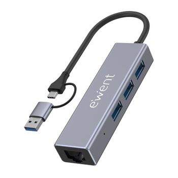 Hub Ewent 3 puertos USB 3.2 Gen 1 5 Gbps y Ethernet Gigabit EW1159 aluminio