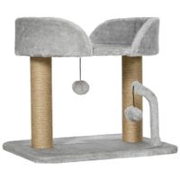pawhut arbol rascador para gatos pequenos altura 42 cm con nido bolas colgantes y postes de sisal 48x38x42 cm gris claro