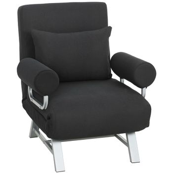 HOMCOM Butaca sofá-cama convertible reclinable 1 plaza Cojines lumbares y reposabrazos Patas metálicas Lino Negro   Aosom España