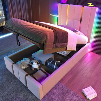 Cama Contenedor 90 X 200 Cm Con Cabecero - Tomas Usb Y Tipo C - Led - Tela De Lino - Beige (sin Colchón)