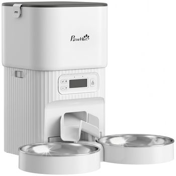 PawHut Comedero Gato Automático 4L Dispensador Comida para Gatos/Perros 1-6 Comidas al Día 2 Cuencos 2 Fuentes de Alimentación