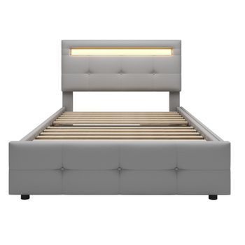 Cama Individual 90x200cm En Tejido De Lino Con Led Y 2 Cajones Gris
