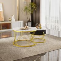 conjunto de dos mesas de centro efecto marmol blanco y dorado con cajon