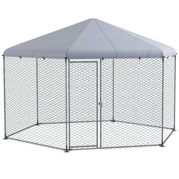 PawHut Gallinero en Forma de Hexágono 400x346x263 cm Cubierta de Tela Oxford Resistente a los Rayos UV e Impermeable Plata   Aosom España