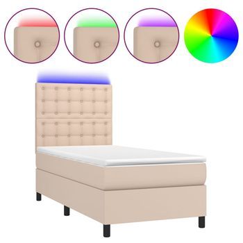 Cama Individual | Cama Para Adultos | Cama Box Spring Colchón Led Cuero Sintético Capuchino 80x200 Cm