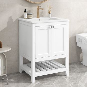 Mueble De Lavabo De Pie Blanco De 61 Cm Con Lavabo Cerámico Y Armario