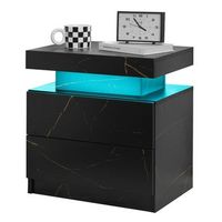 mesita de noche con luces led y 2 cajones mesa auxiliar moderna de madera y metal negro y dorado