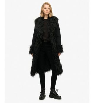 Superdry para mujer. W5012136A Abrigo Afghan negro (L), Casual, Poliéster