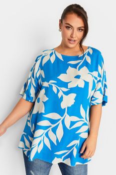 Yours Top Azul De Grandes Flores Blancas, Mujer Curvy Y Tallas Grandes, Yours