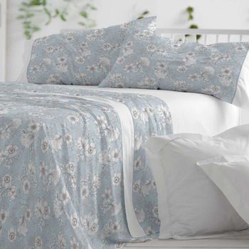 Juego De Sábanas 100% Algodón Extrasuave Diseño Toile De Jouy Agua 150 X 190/200 Cm - Agua - Burrito Blanco