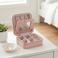 caja joyero de viaje pequena con espejo de color rosa