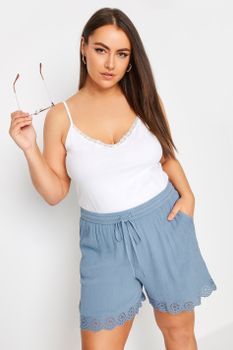 Yours Pantalones Cortos Azules Con Puntilla Festoneada, Mujer Curvy Y Tallas Grandes, Yours