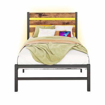 Cama Individual 90x200 Cm - Con Cabecero, Estructura Metálica, Led Y Usb, Almacenamiento Inferior, Sin Somier, Silenciosa, Fácil Montaje - Marrón Antiguo