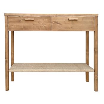 Mesa recibidor de madera tono roble 2 cajones y balda de rafia 120cm