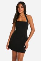 vestido skater de bengalina con escote cuadrado negro