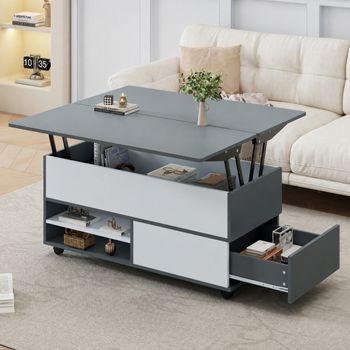 Mesa De Centro Elevable Con Almacenaje, Ruedas Y Acabado Gris Y Blanco, 100 X 98 X 65 Cm