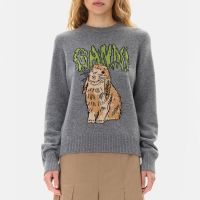 ganni graphic bunny crewneck wool-blend knit jumper - xl