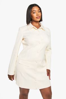 Plus Button Down Collared Tailored Dress, Cream