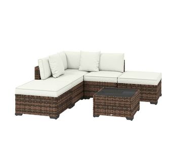 Outsunny conjunto de jardín de ratán de 6 piezas, conjunto terraza resistente, muebles jardín exterior incluye cojines, 4 módulos de asiento, 1 sofá esquinero y mesa centro de vidrio, marrón mixto