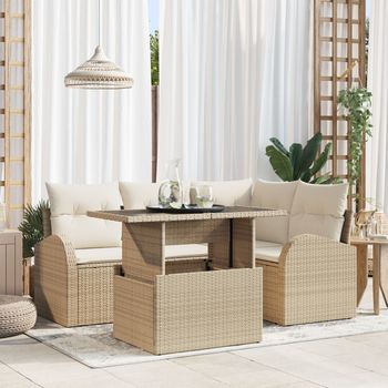 Juego De Sofá De Jardín De 5 Piezas Con Cojines De Ratán Sintético Beige V7518 Unico / Beige