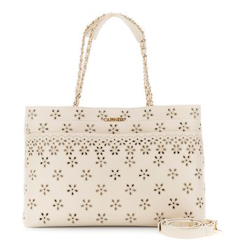 bolso shopping efecto napa suave con bordado sangallo y bolsillo frontal beige