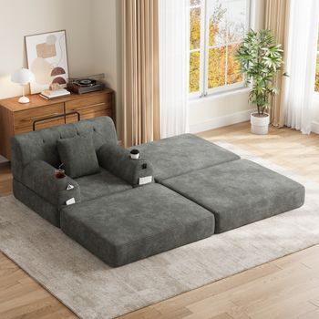 Sillón-cama Convertible De 1 Plaza En Pana Con Puff, Respaldo Alto, Función Reclinable, Marco Metálico, Espuma De Alta Densidad, 2 Portavasos, 4 Bolsillos Laterales, Gris Oscuro