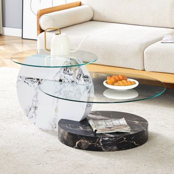 Mesa De Centro Moderna De Dos Niveles, Cristal De Seguridad Y Efecto Mármol Blanco Y Negro