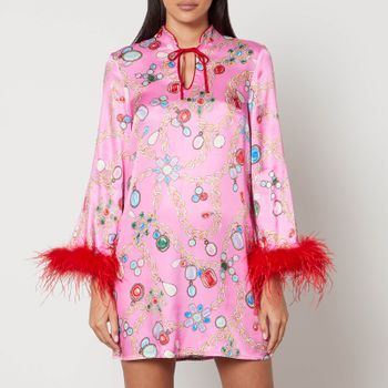 Kitri Carlotta Printed Feather-Trimmed Satin Mini Dress - UK 10
