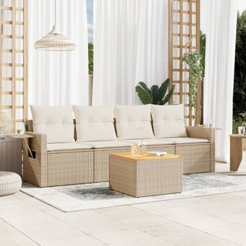 Conjunto De Sofás Jardín Con Cojines 5 Uds | Mueble Jardin Mesa Y Sillas Ratán Sintético Beige Cfw290567