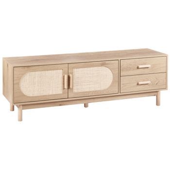 Mueble Tv De Aglomerado Con Patas De Madera Frente De Ratán Estilo Boho Marrón Claro Costello