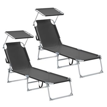 Tumbonas plegables con parasol y respaldo ajustable, Negro