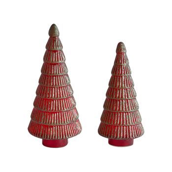 Conjunto De 2 Figuras Decorativas Árboles De Navidad Adornos Festivos De Vidrio Hecho A Mano 2 Tamaños Rojo/verde Puruvesi