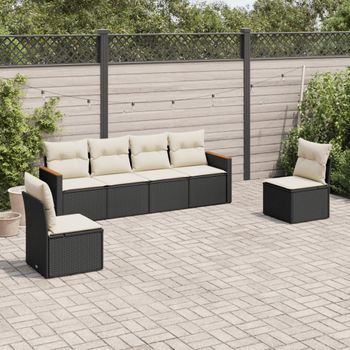 Conjunto De Sofás De Jardín 6 Uds | Mueble Jardin Mesa Y Sillas Y Cojines Ratán Sintético Negro Cfw428005