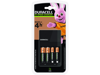 Pilas recargables con cargador - Duracell CEF14, 4 (2 AA y 2 AAA), 4h de carga, Negro