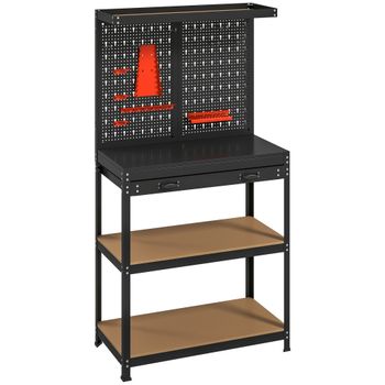 HOMCOM Banco de trabajo con panel portaherramientas, 2 estantes y cajón — 80 x 40,5 x 155 cm (negro)