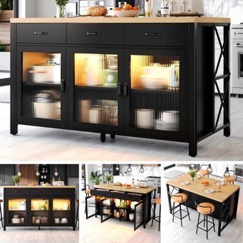 Isla De Cocina De 150x80x90cm, 3 Cajones, Puertas De Cristal, Led, Patas Ajustables, Negro+natural