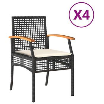 Pack 4 Uds Sillas De Jardín | Silla De Exterior | Sillón Con Cojín Ratán Pe Negro Y Madera Acacia