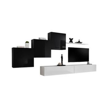 Conjunto De Muebles De Salón Mural Switch X Diseño, Color Blanco Y Negro Brillante.