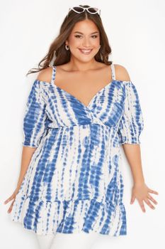 Top Hombros Descubiertos Estampado Azul Tie Dye, Mujer Curvy Y Tallas Grandes, Yours